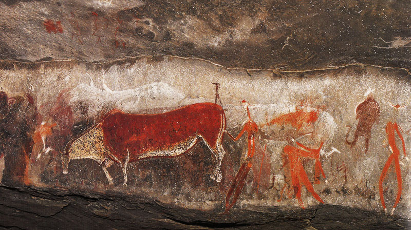 KhoiSan Shaman entering trance by taking on form of Eland in Kamberg Nature Reserve Rock Art